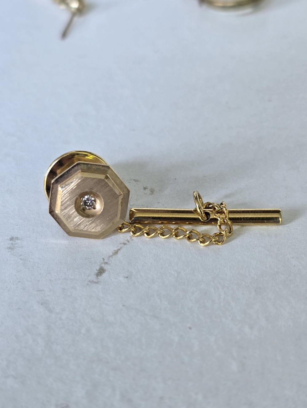 Vintage Diamond solid 14K Gold Tie Tack Pin Art Deco Jewelry Mens